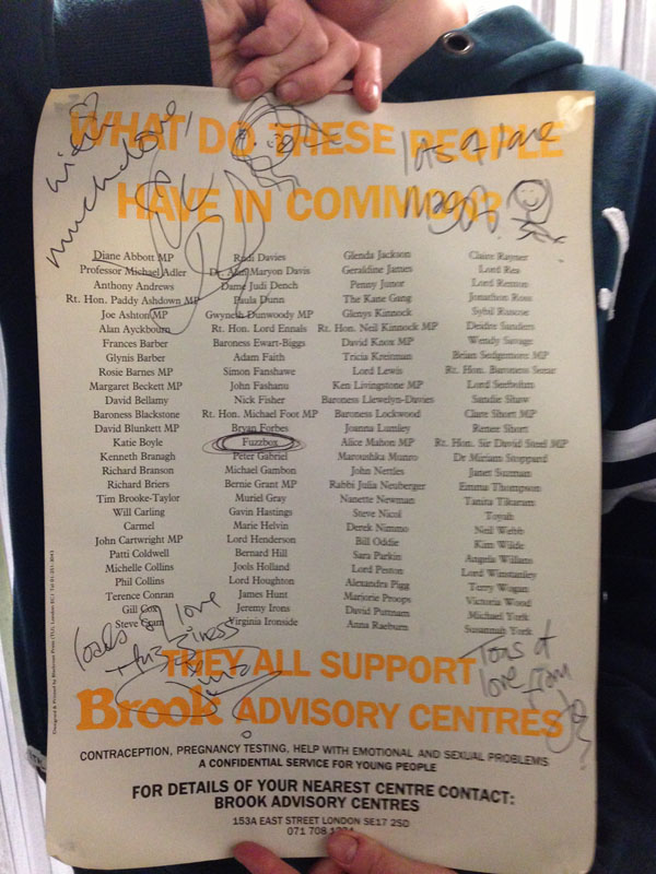 A poster listing all the supporters of what were then known as, Brook Advisory Centres