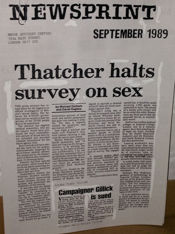 A news article from 1989 reporting on the fact that the Prime Minister had vetoed plans for Britain's biggest sex survey