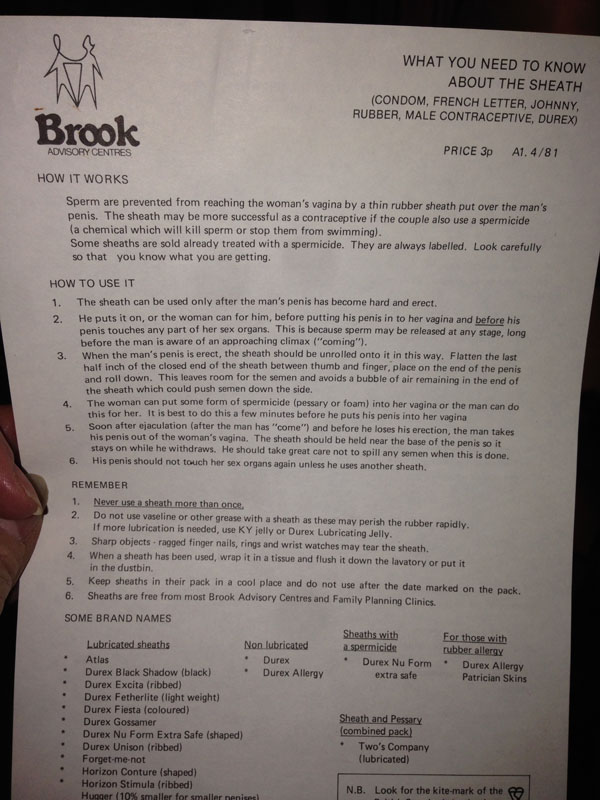 An early example of a Brook leaflet, explaining what a condom is and how to use it